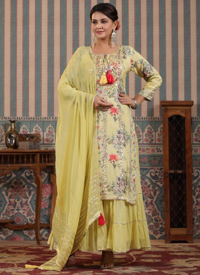 Muslin Yellow Party Wear Embroidery Work Readymade Anarkali Suit
